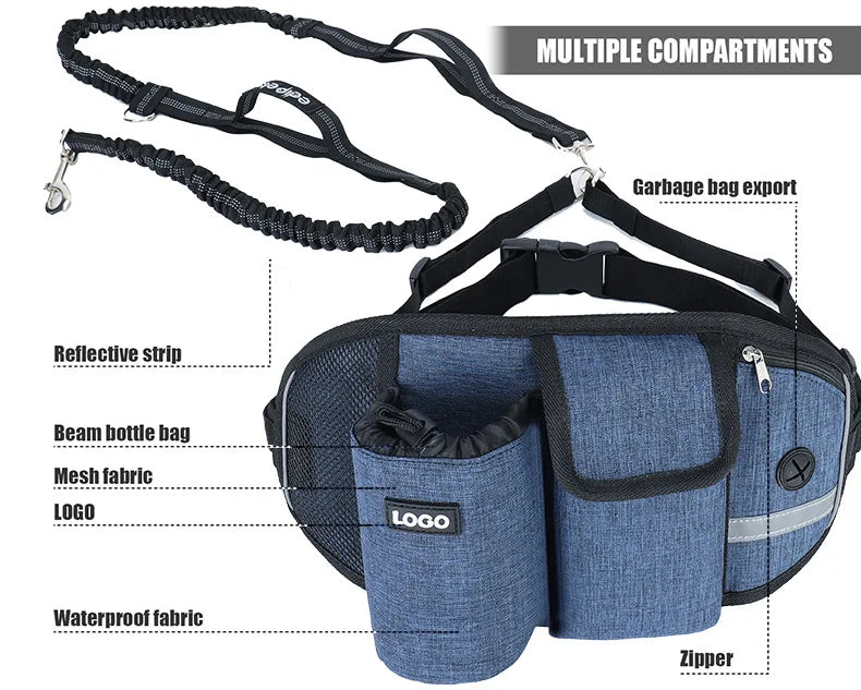 A blue hands-free dog walking belt with multiple compartments, a reflective strip, and storage pockets.