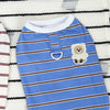 Blue and brown striped cooling vest for dogs and cats with a cream-colored bear patch