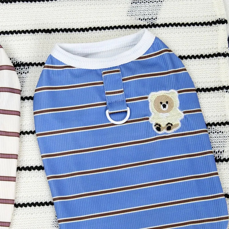 Blue and brown striped cooling vest for dogs and cats with a cream-colored bear patch
