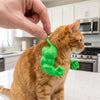 Eine orangefarbene Katze trägt einen grün gedruckten Muskelanzug auf ihrem Körper.
