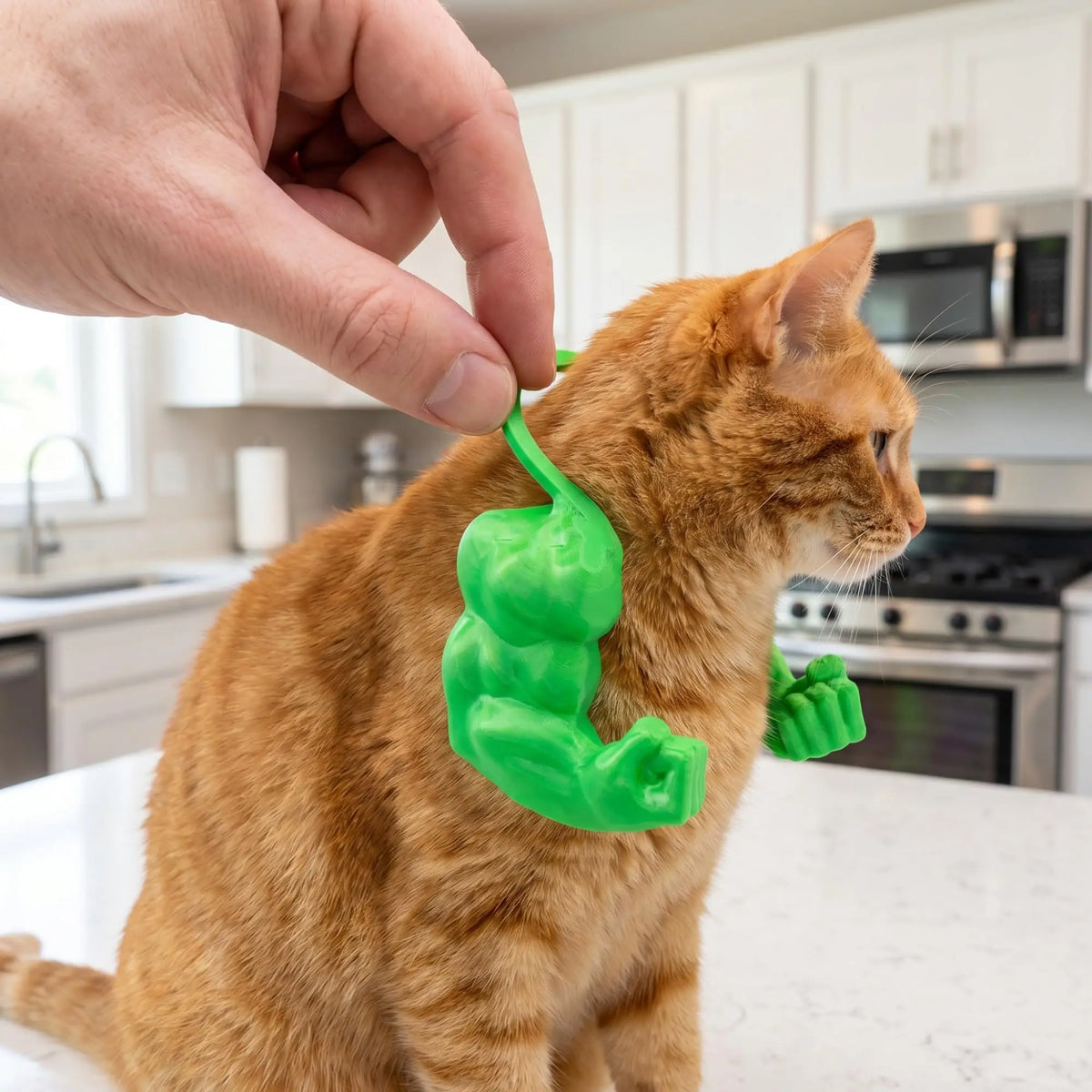 Eine orangefarbene Katze trägt einen grün gedruckten Muskelanzug auf ihrem Körper.