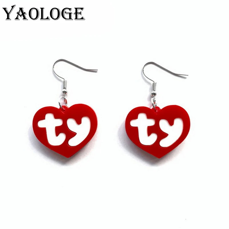 Pair of red acrylic heart drop earrings with a silver-colored hook.