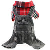 A plaid red and black denim jumpsuit for a small dog.