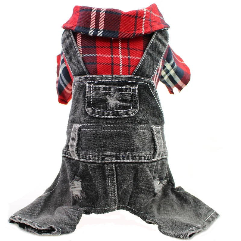 A plaid red and black denim jumpsuit for a small dog.