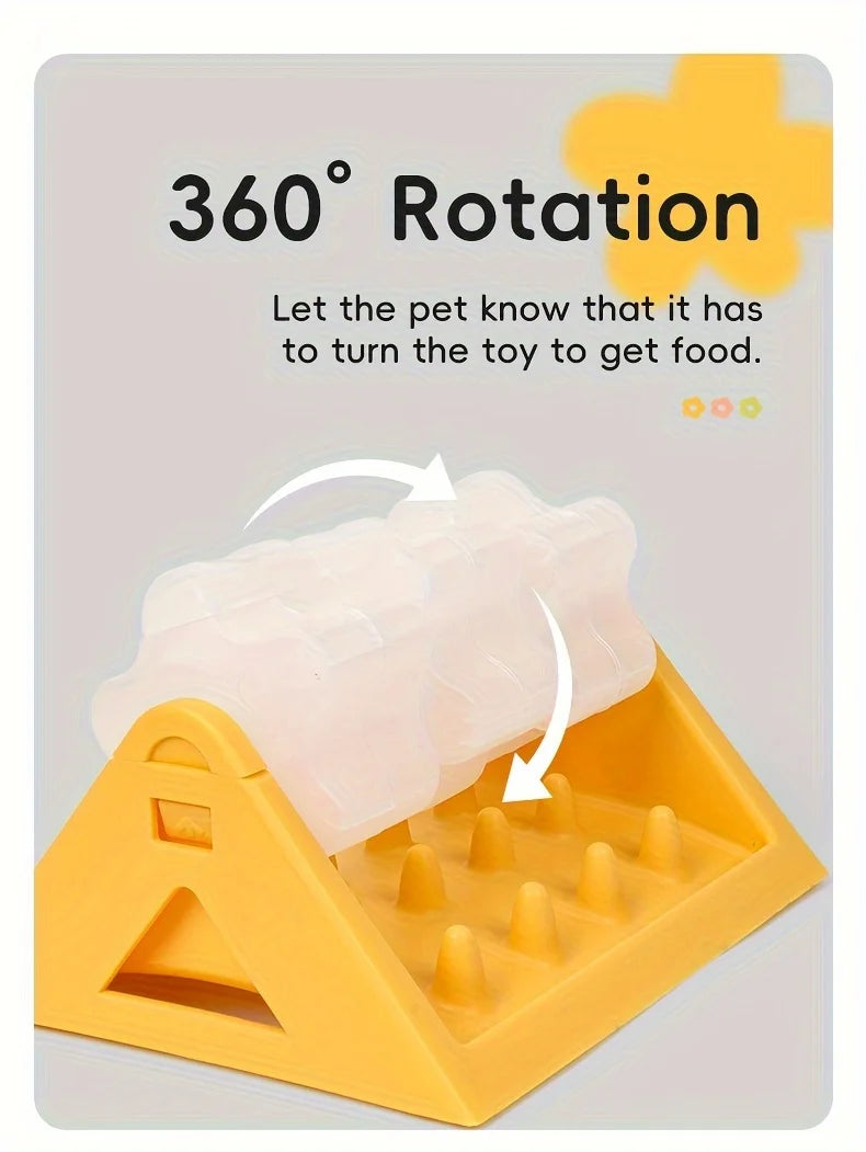 A yellow puzzle dispenser toy with a white silicone toy inside, designed for pets to turn to get food.