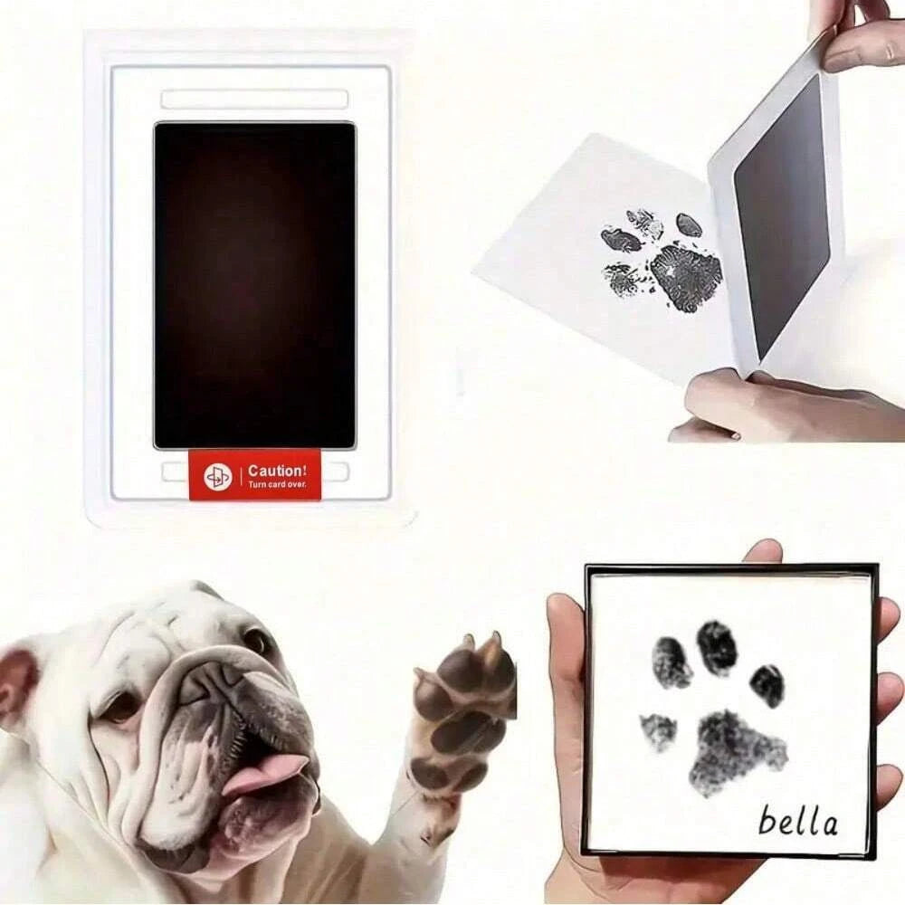 A kit showing a pet paw print on a card and a bulldog looking at the camera.