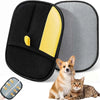 Black pet hair removal glove with a yellow cleaning pad shown next to a dog and a cat.