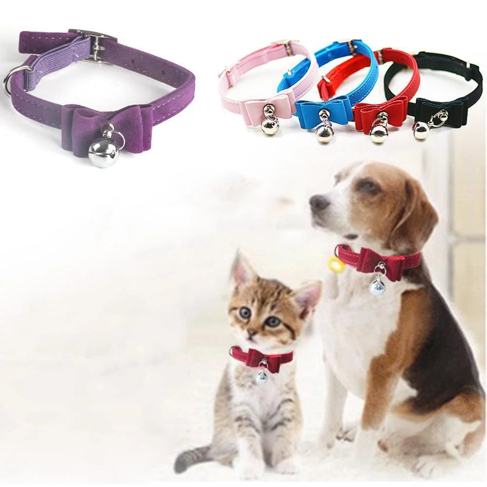 Colección de collares para mascotas de pajarita de terciopelo ajustable en varios colores y tamaños, junto a un perro y un ga
