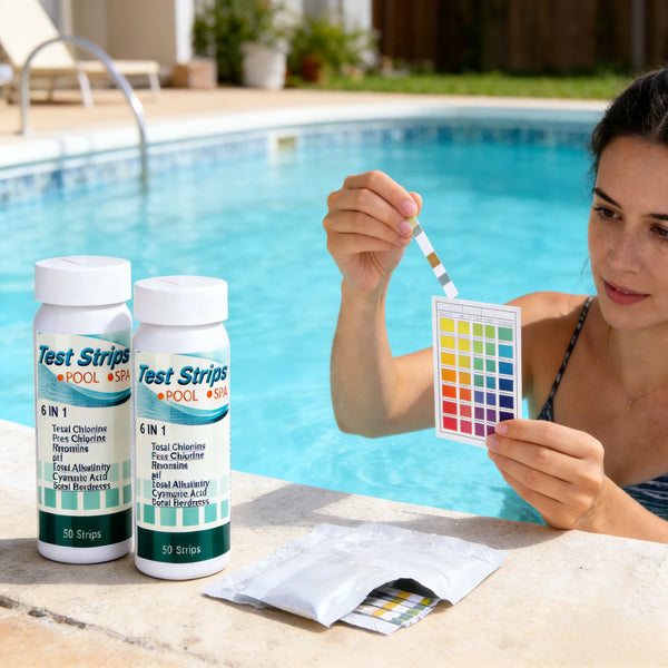 A woman tests pool water with a test strip kit, showing the strips and a color chart in clear blue water.