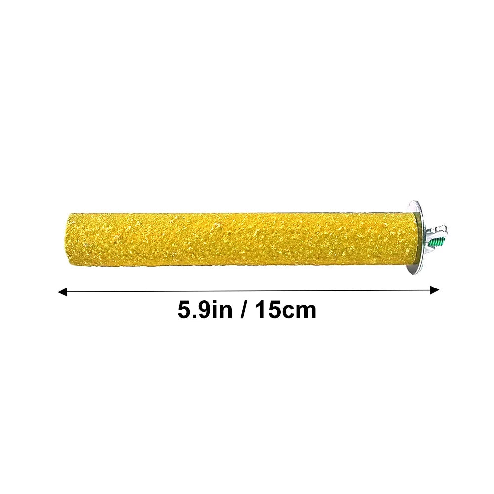 A cylindrical, golden-yellow natural wooden perch stand for parrots and birds.