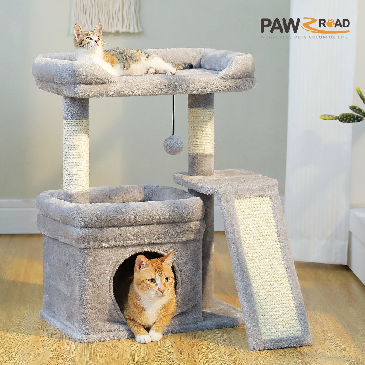 A gray cat tree with sisal scratching posts and cozy perches, featuring a multi-level structure for a cat.