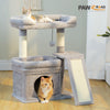 A gray cat tree with sisal scratching posts and cozy perches, featuring a multi-level structure for a cat.
