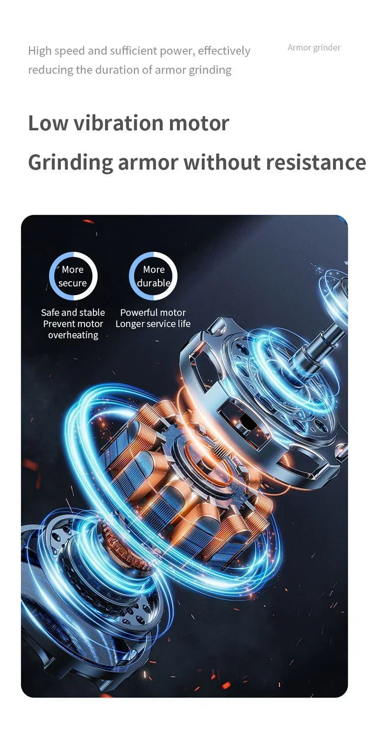 Close-up view of a powerful electric pet nail grinder with glowing blue accents and metal components.