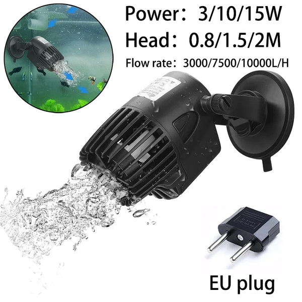 Black aquarium wave maker pump with a flow rate of 3000-10000L/H and an EU plug.