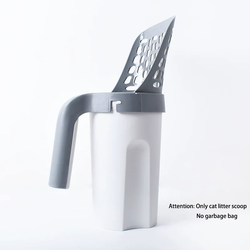 A white integrated cat litter scoop and poop pick-up tool with a gray handle and perforated scoop head.