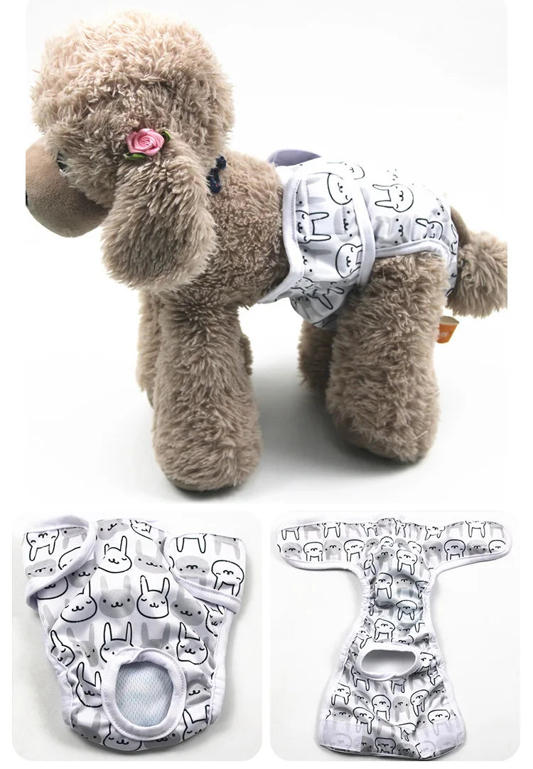A fluffy brown dog wearing a white reusable female dog physiological panty.