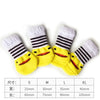 A set of yellow and white striped pet dog and cat shoes in various sizes S to XL