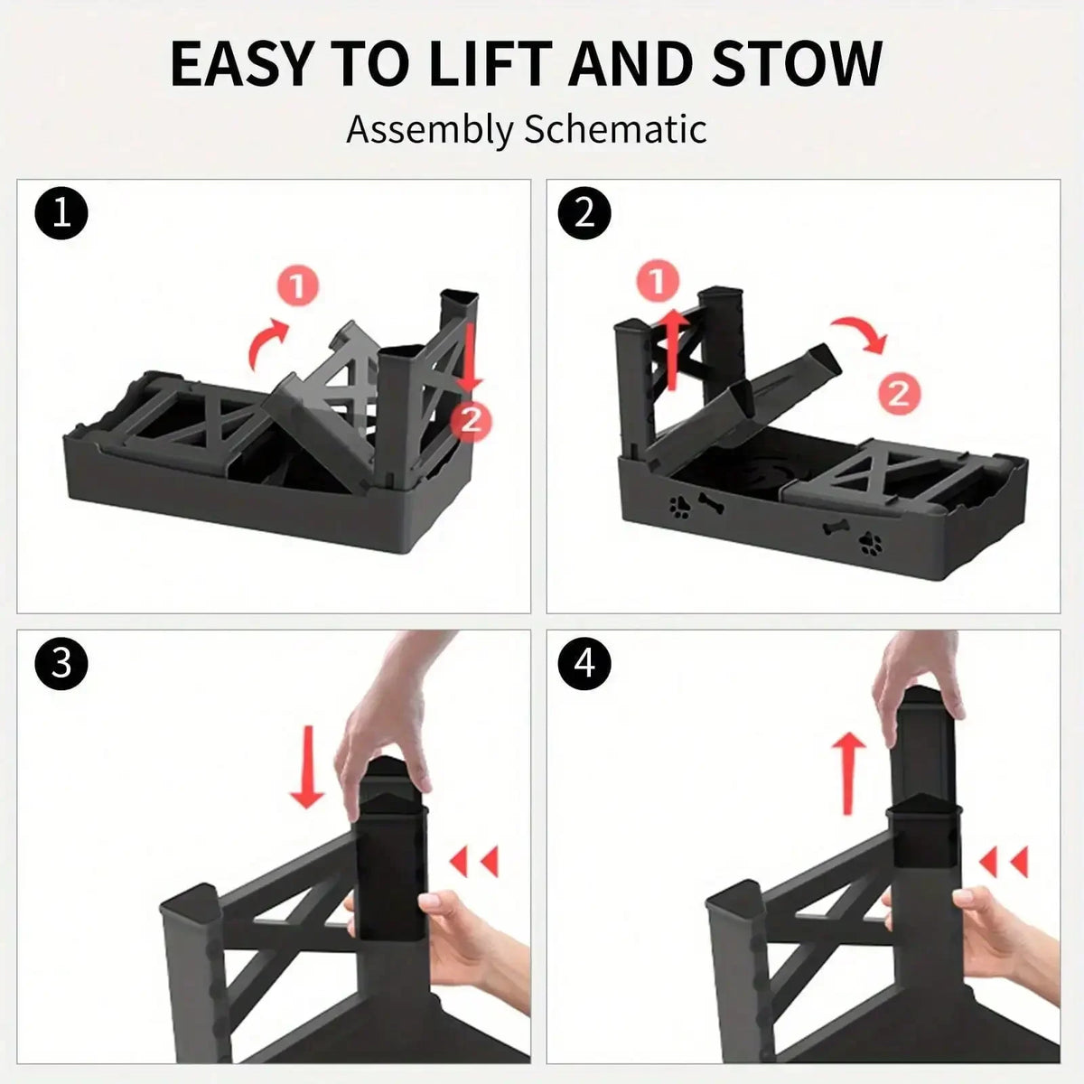 Assembly schematic showing steps for easily lifting and stowing an adjustable elevated dog bowl stand.