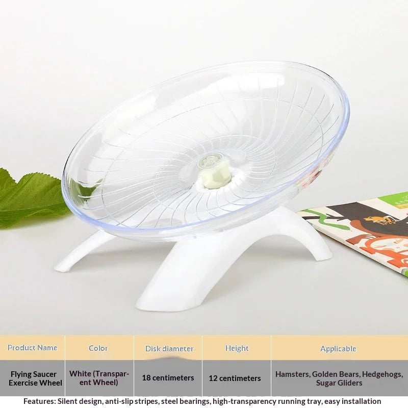 Weiße, stille, transparente Laufrolle für kleine Haustiere mit klarem Plastikbehälter und Montagebasis.