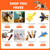A collection of pet toys including a dog simulation cigar, plush sound toys, and various pet supplies.