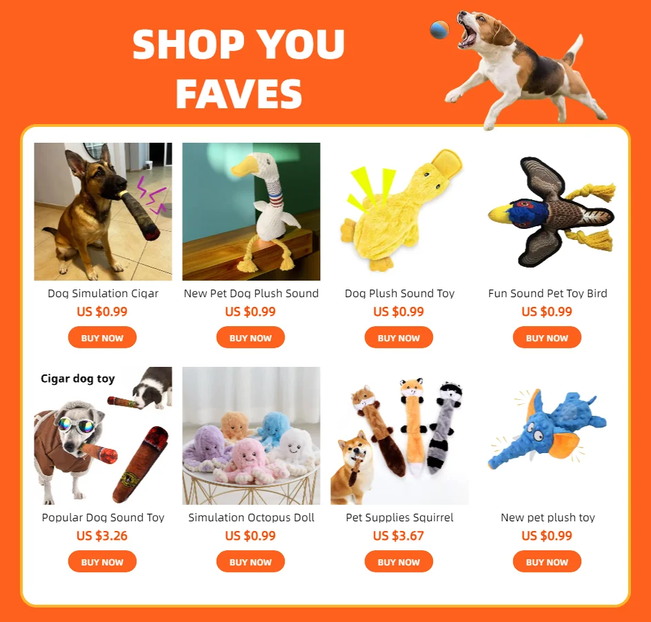 A collection of pet toys including a dog simulation cigar, plush sound toys, and various pet supplies.