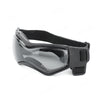 Black adjustable UV protection dog sunglasses with a clear lens and black strap
