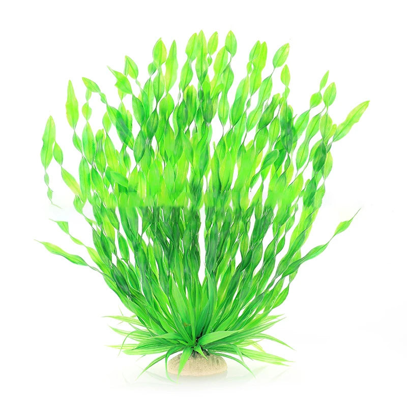 A vibrant green artificial aquatic plant arrangement with long, thin leaves.