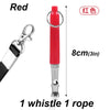A red ultrasonic dog whistle with a silver clip and rope for pet training.