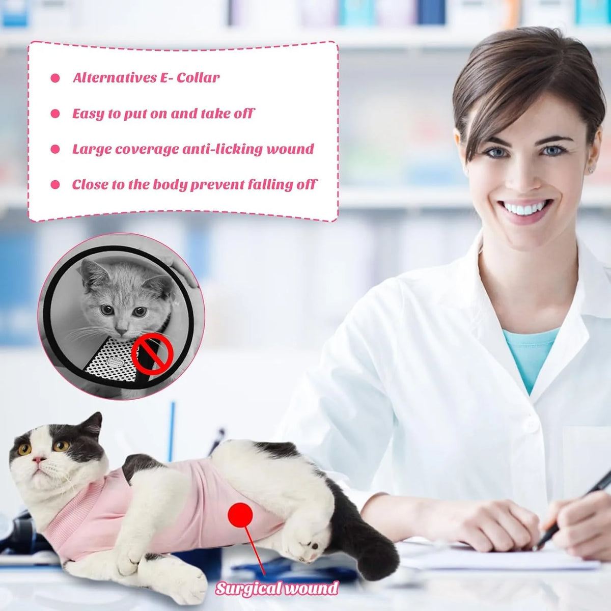 Eine Frau demonstriert einen Genesungsanzug nach einer Operation für Katzen, zeigt seine Funktionen und Eignung zur Sturzpräv