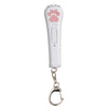 A white pet laser pointer toy with a pink paw print and a metal clip attached.