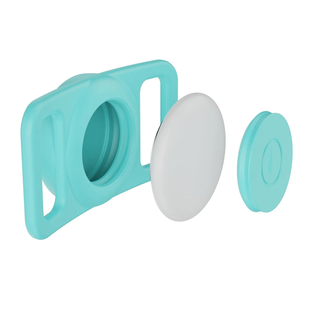 A silicone airtag holder with a clip and a round cover in light blue color.