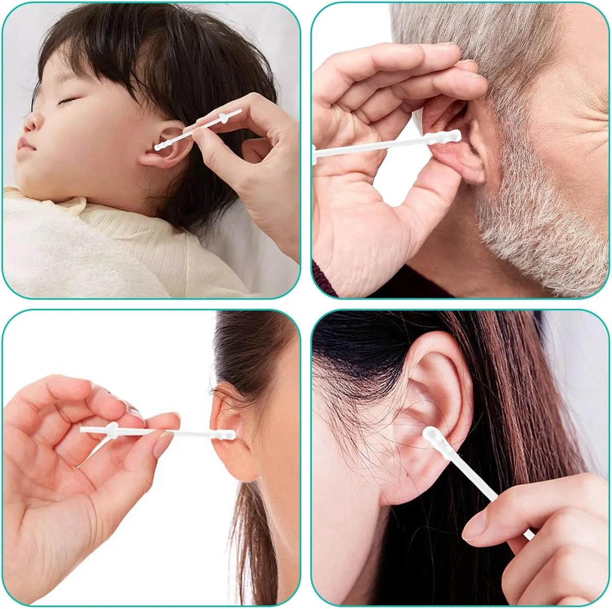 Primer plano de hisopos reutilizables para limpiar el oído en un bebé y un adulto.