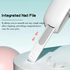 A close-up view of an integrated nail file tool used for smoothing rough edges on pets' nails.