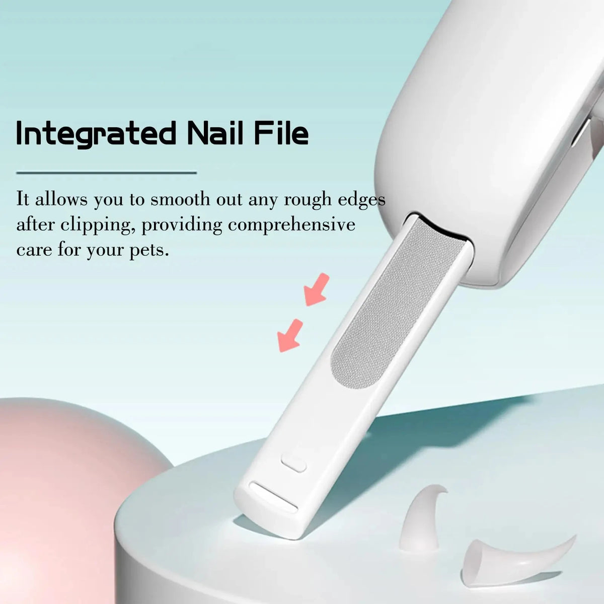 A close-up view of an integrated nail file tool used for smoothing rough edges on pets' nails.