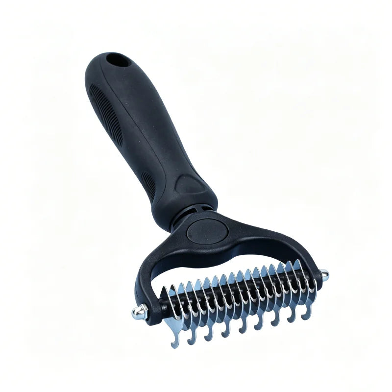 A black pet detangler comb and grooming brush with a handle and a metal comb attachment.