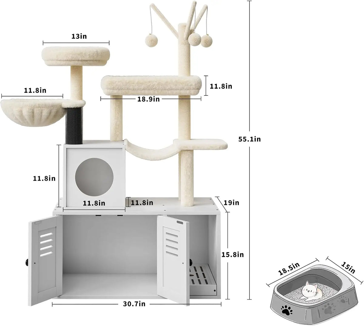 A white 2-in-1 large cat enclosure featuring a scratching post and a hidden litter box.