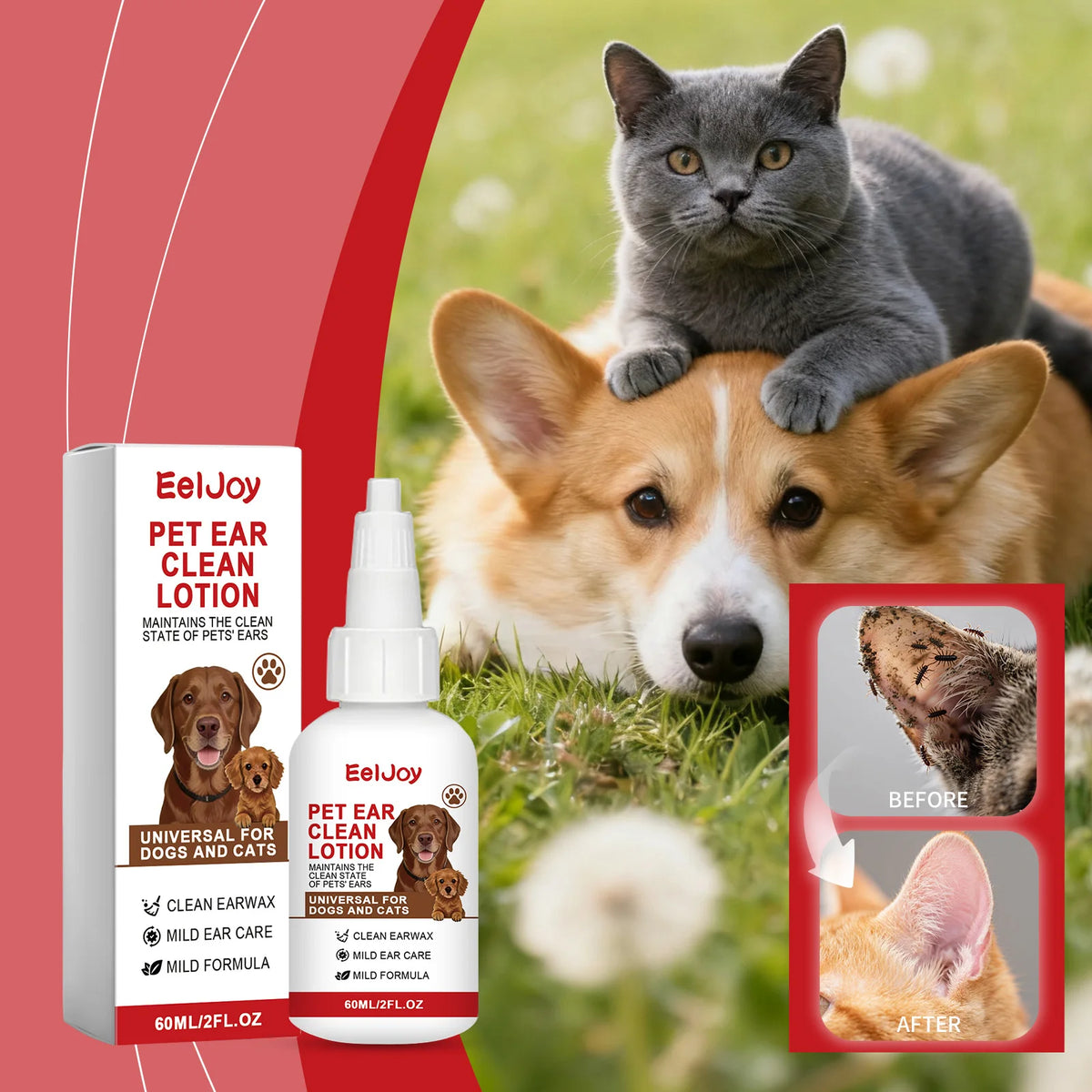 EelJoy Pet Ear Clean Lotion bottle with a cat and dog in a grassy outdoor setting