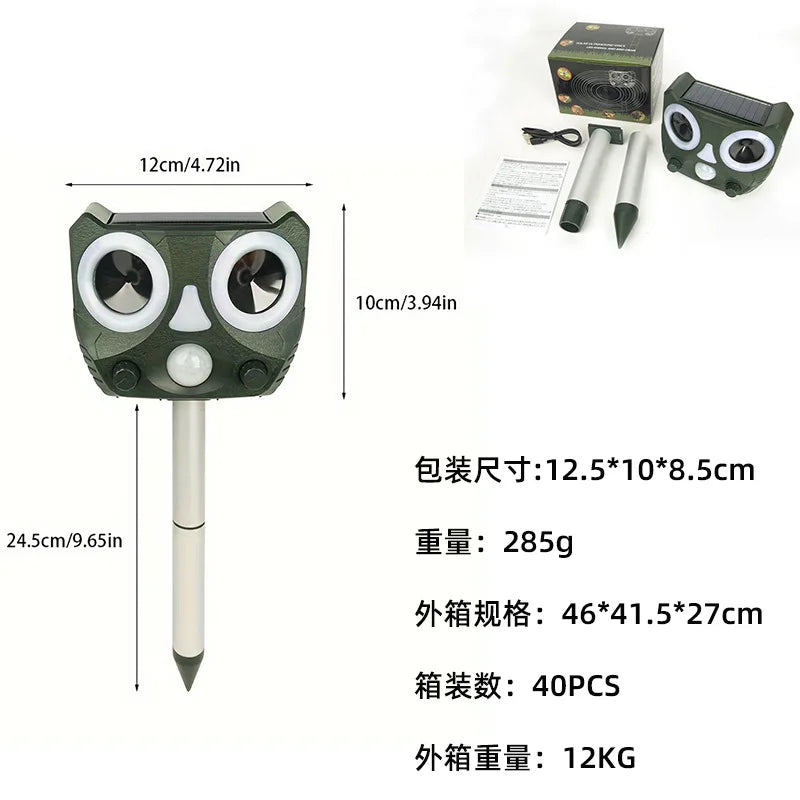 A solar ultrasonic animal repeller with a motion sensor and accompanying components is shown.