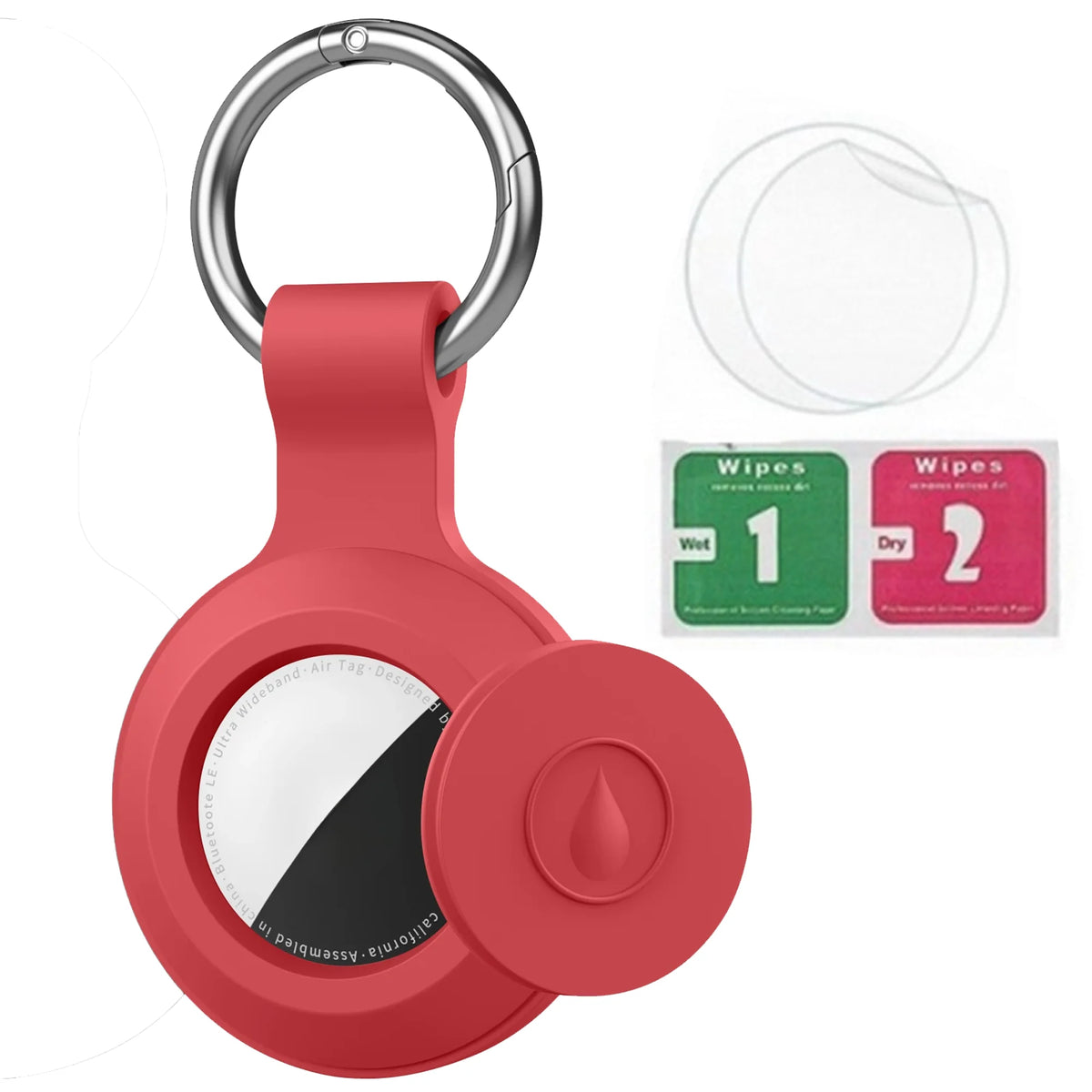 A red silicone protective cover for an AirTag attached to a metal keychain ring, shown with cleaning wipes.