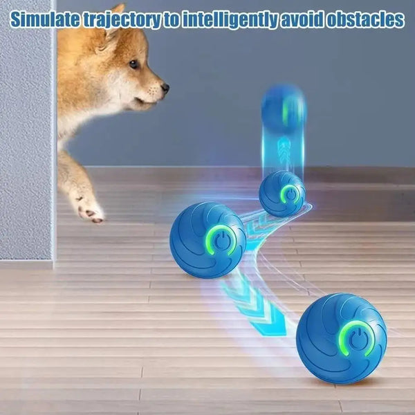 Simulation eines Hundes, der intelligent Hindernisse vermeidet, dargestellt durch blaue Spielbälle.