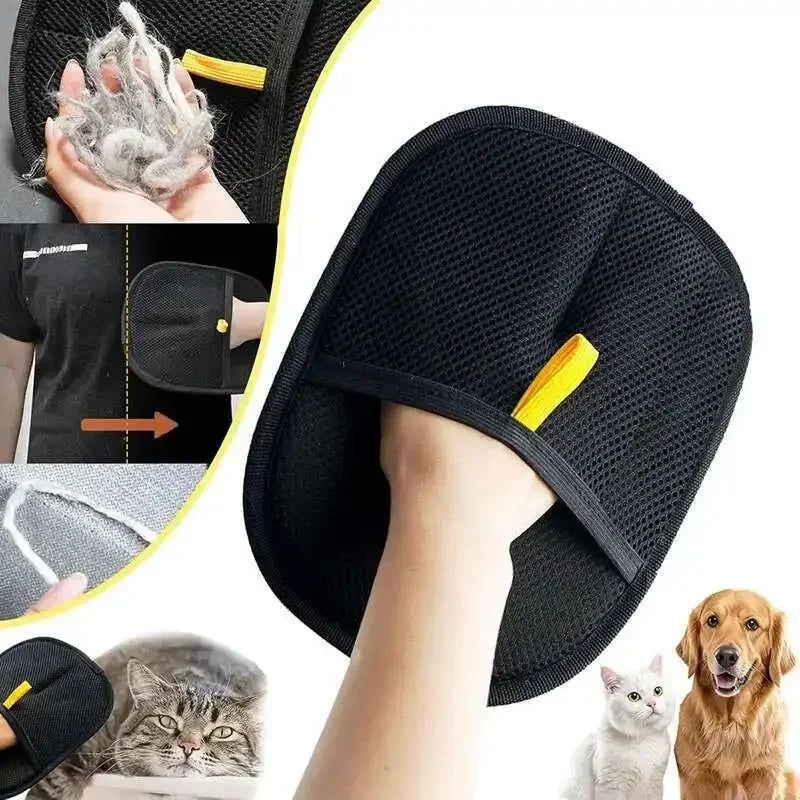 Reusable double-sided pet hair removal gloves shown being used on a hand and cleaning pet hair.