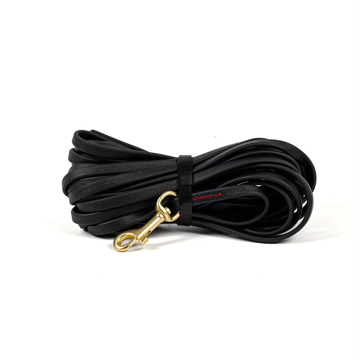 Black heavy-duty waterproof dog leash with a gold-colored clip and coiled rope.