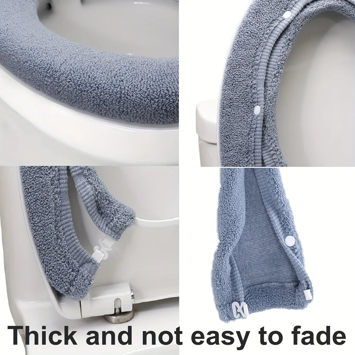 Close-up view of a thick gray plush non-slip toilet seat cover and its installation.