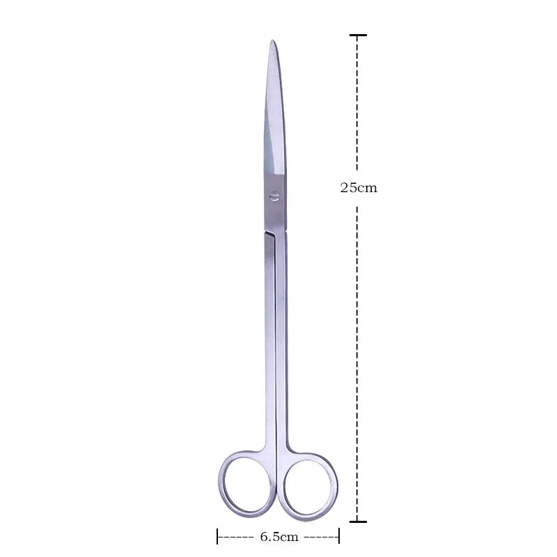 Stainless steel aquarium cleaning tool set with a long, slender pair of scissors.