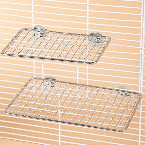 Stainless steel bird perch platform with wire mesh grid mounted on a wall