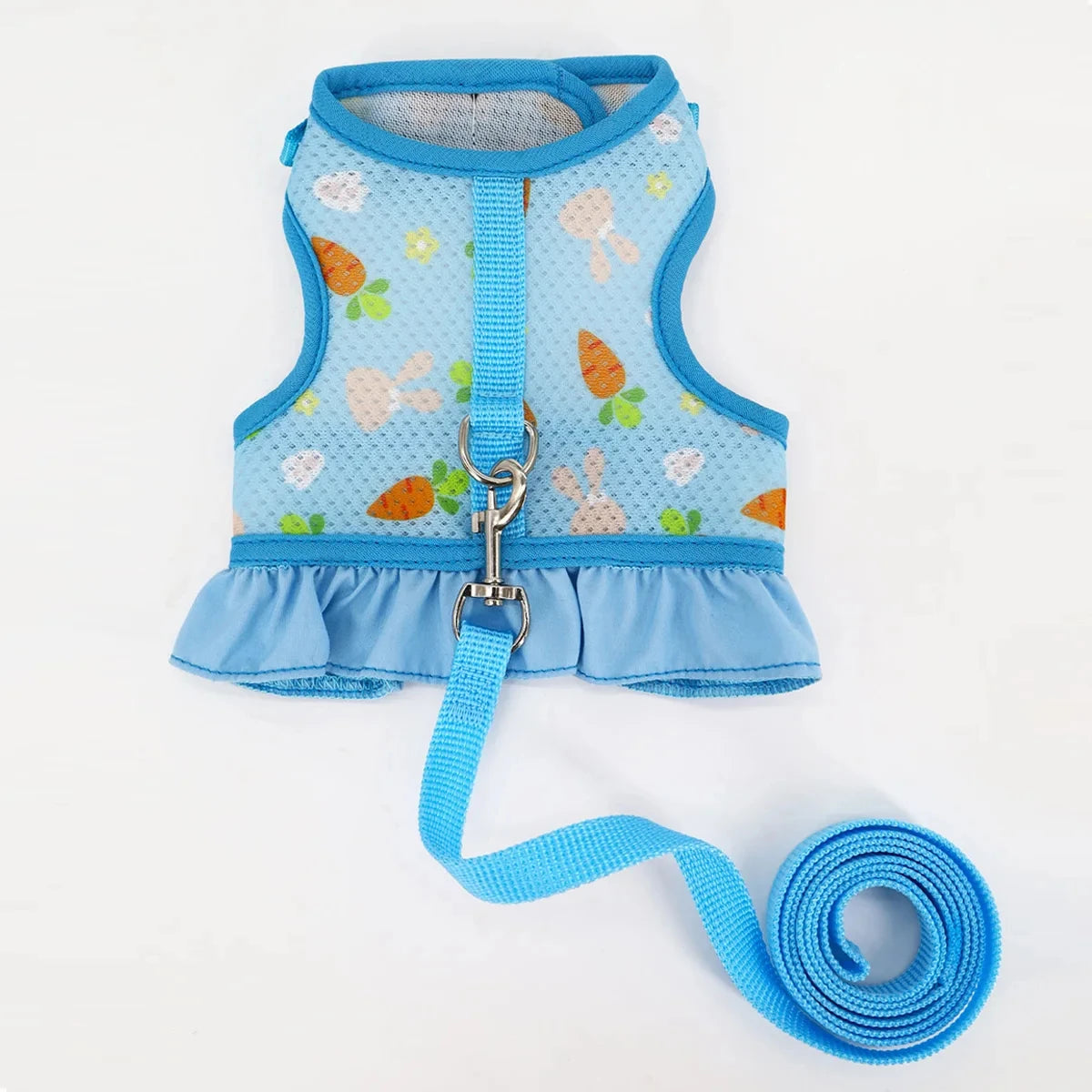 Light blue mesh rabbit harness with a ruffled trim and attached leash