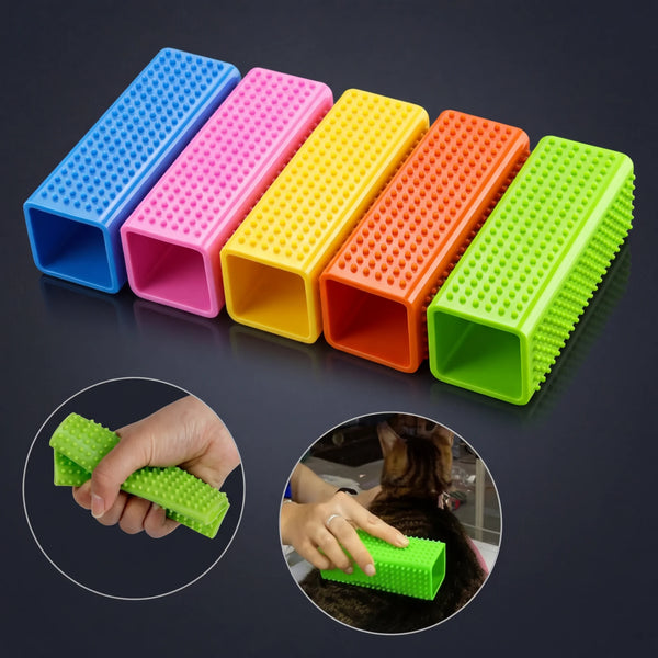 A row of colorful silicone pet hair remover brushes in various shades of blue, pink, yellow, orange, and green, shown alongsi