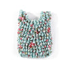 A reusable foldable bubble shopping bag made of ruffled fabric in shades of teal, pink, and green.