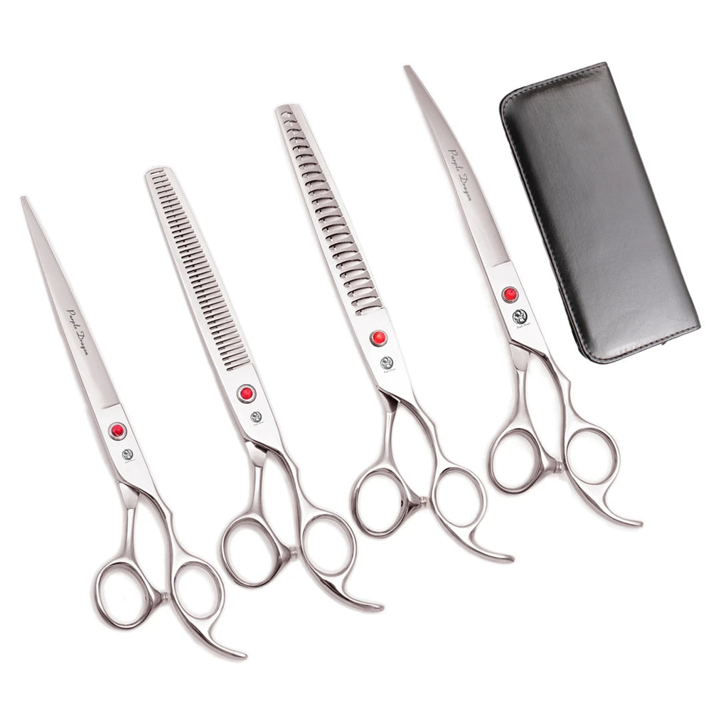Set professioneller Edelstahl-Pflegeschere für Haustiere und Lederhülle.
