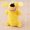 A yellow plush dog toy with large ears and a smiling face, shown against a white background.